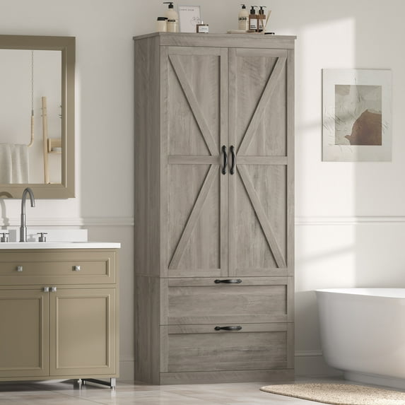 Homfa 70.3"H Bathroom Storage Cabinet, Farmhouse Linen Storage Cabinet with 2 Drawers, Wash Gray