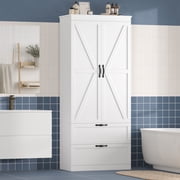 Homfa 70.3H Bathroom Storage Cabinet, Farmhouse Linen Storage Cabinet with 2 Drawers, White