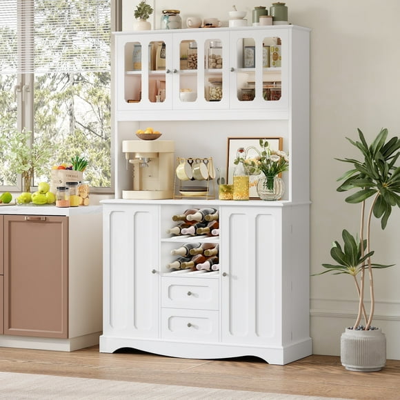 Homfa 70.3" Tall Kitchen Pantry Storage Cabinet, Freestanding Cupboard with Wine Rack, Hutch Cabinet with Microwave Shelves for Living Dining Room, White