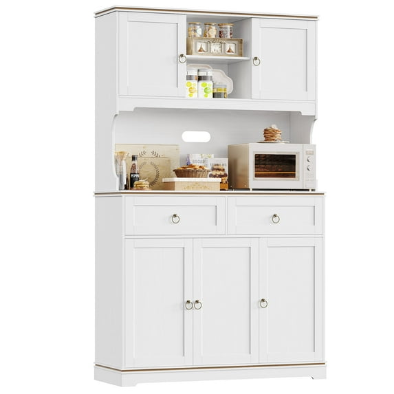 Homfa 70.8”H Pantry Cabinet with Hutch and Adjustable Shelf, 5 Door 2 Drawer Coffee Bar Storage Cabinet with Power & USB Outlet for Kitchen Dining Room, White