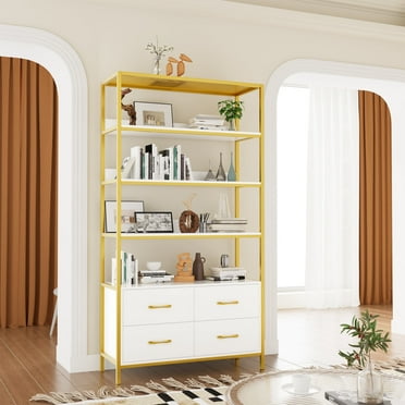 Homfa 70.9” Bookshelf with 4 Drawers, 4 Tier Wooden Open Bookcase with Metal Frame for Living Room Home Office, White & Gold