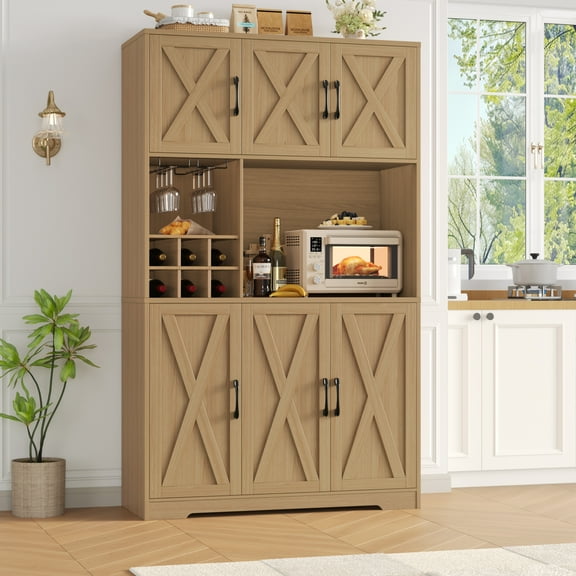 Homfa 70.9''H Kitchen Pantry with Microwave Countertop, Farmhouse Buffet Hutch, Floor 6 Doors Cupboard Storage Cabinet for Dining Room Kitchen, Nature