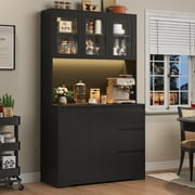 Homfa 70.9'' Kitchen Pantry Cabinet with Charging Station and LED Light, 3 Drawers Buffet Storage Cabinet with Glass Doors and Adjustable Shelves, Black