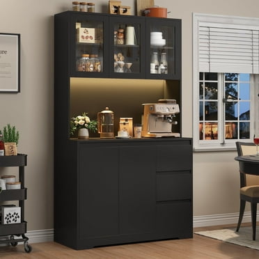 Homfa 70.9'' Kitchen Pantry Cabinet with Charging Station and LED Light, 3 Drawers Buffet Storage Cabinet with Glass Doors and Adjustable Shelves, Black