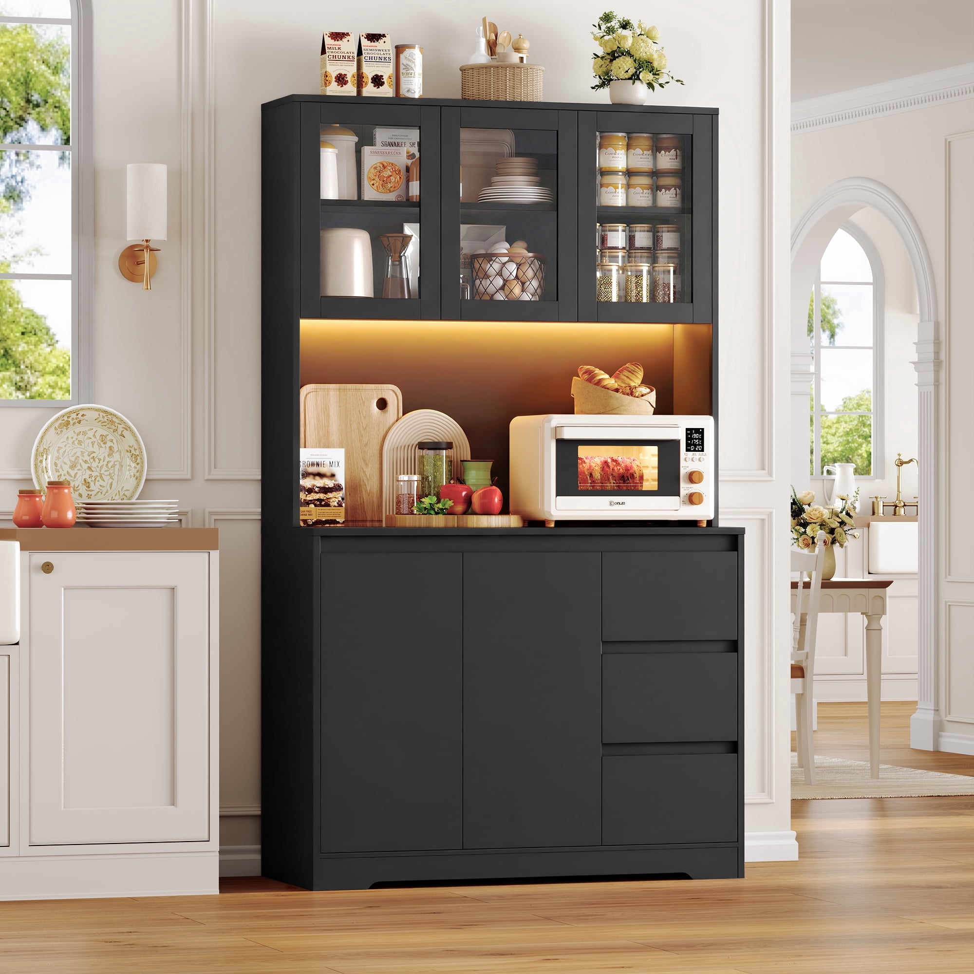 Homfa 70.9'' Kitchen Pantry Cabinet with Charging Station and LED Light, 3 Drawers Buffet Storage Cabinet with Glass Doors and Adjustable Shelves, Black