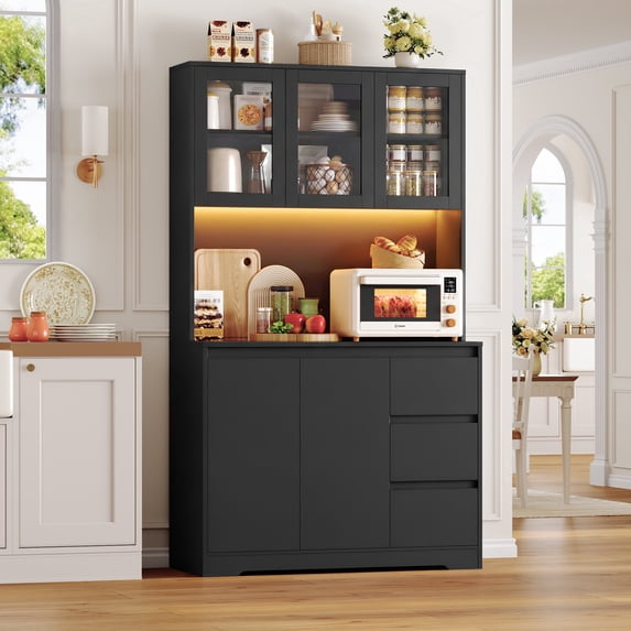 Homfa 70.9'' Kitchen Pantry Cabinet with Charging Station and LED Light, 3 Drawers Buffet Storage Cabinet with Glass Doors and Adjustable Shelves, Black