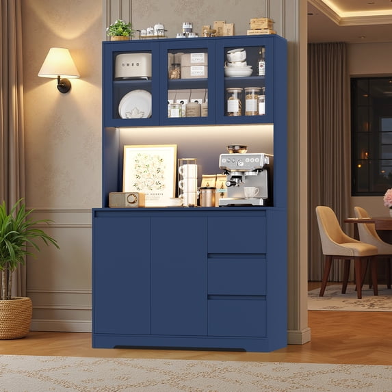 Homfa 70.9'' Kitchen Pantry Cabinet with Charging Station and LED Light, 3 Drawers Buffet Storage Cabinet with Glass Doors and Adjustable Shelves, Blue