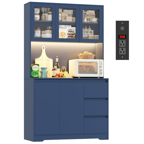Homfa 70.9'' Kitchen Pantry Cabinet with Charging Station and LED Light, 3 Drawers Buffet Storage Cabinet with Glass Doors and Adjustable Shelves, Blue