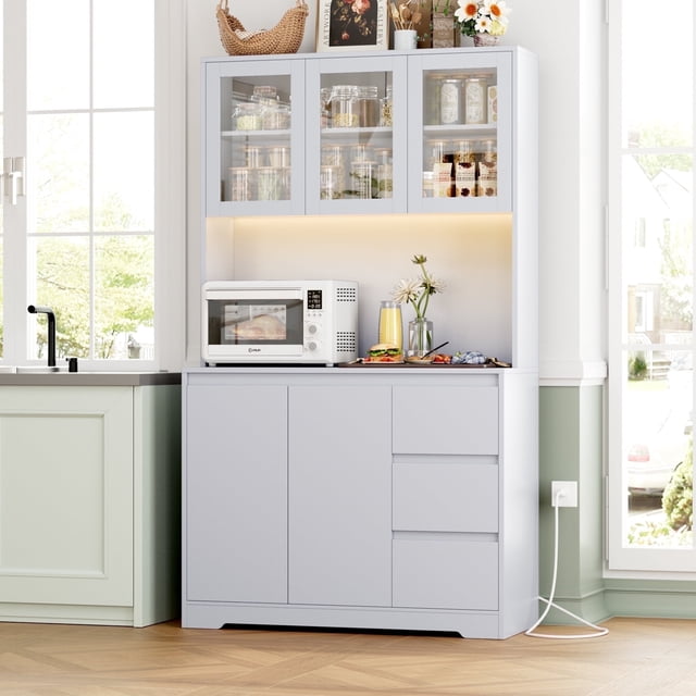 Homfa 70.9'' Kitchen Pantry Cabinet with Charging Station and LED Light, 3 Drawers Buffet Storage Cabinet with Glass Doors and Adjustable Shelves, Gray