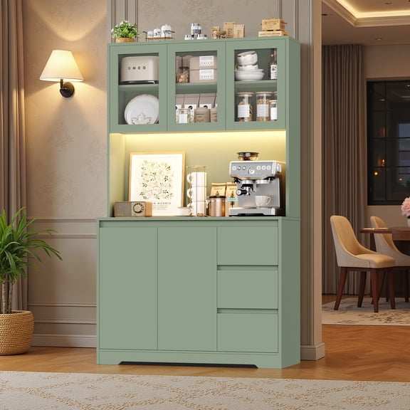 Homfa 70.9'' Kitchen Pantry Cabinet with Charging Station and LED Light, 3 Drawers Buffet Storage Cabinet with Glass Doors and Adjustable Shelves, Green