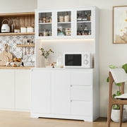 Homfa 70.9'' Kitchen Pantry Cabinet with Charging Station and LED Light, 3 Drawers Buffet Storage Cabinet with Glass Doors and Adjustable Shelves, White