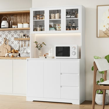 Homfa 70.9'' Kitchen Pantry Cabinet with Charging Station and LED Light, 3 Drawers Buffet Storage Cabinet with Glass Doors and Adjustable Shelves, White