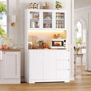 Homfa 70.9'' Kitchen Pantry Cabinet with Charging Station and LED Light, 3 Drawers Buffet Storage Cabinet with Glass Doors and Adjustable Shelves, White