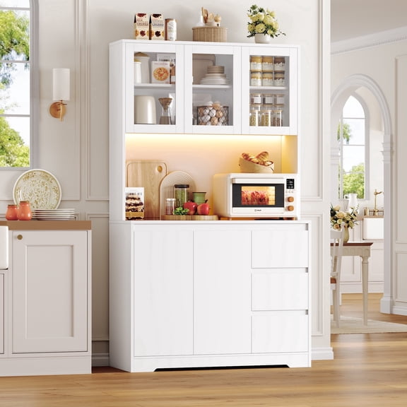 Homfa 70.9'' Kitchen Pantry Cabinet with Charging Station and LED Light, 3 Drawers Buffet Storage Cabinet with Glass Doors and Adjustable Shelves, White