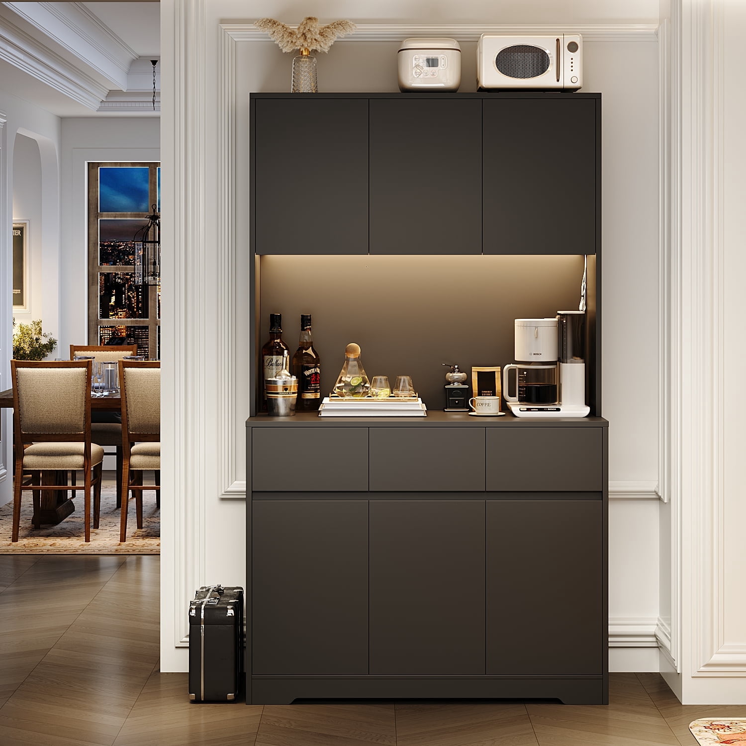 Homfa 70.9'' Tall Kitchen Pantry Cabinet with Charge Station & Led Light, 3 Drawer Storage Cabinet with Adjustable Shelves, Black