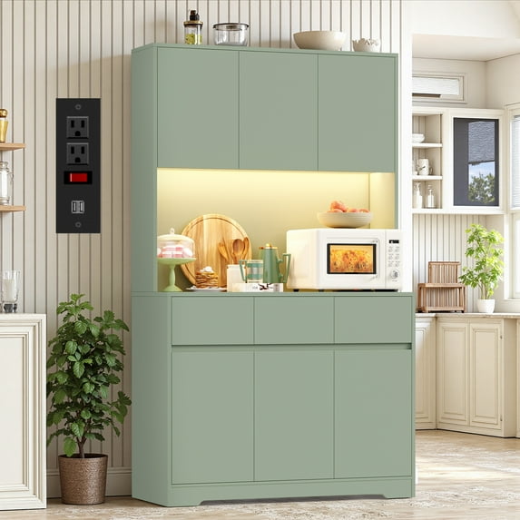 Homfa 70.9'' Tall Kitchen Pantry Cabinet with Charge Station & Led Light, 3 Drawer Storage Cabinet with Adjustable Shelves, Green