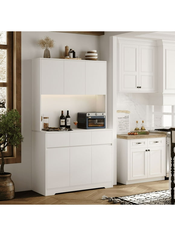 Homfa 70.9'' Kitchen Pantry Hutch with Charge Station & Led Light, 3 Drawer Storage Cabinet with Adjustable Shelves, White
