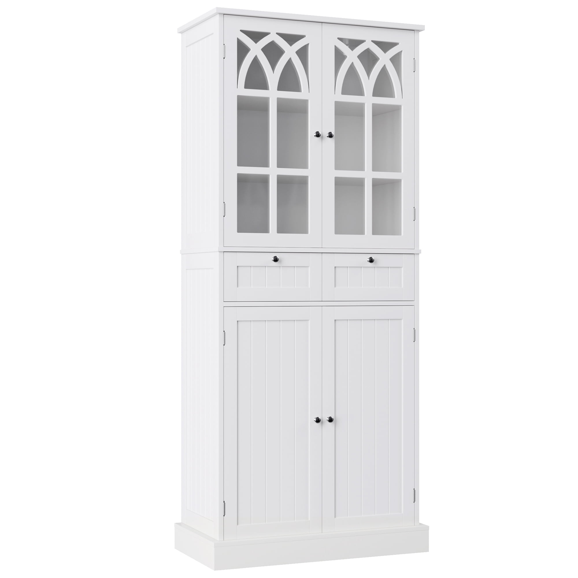 Homfa 70.9'' Linen Bathroom Cabinet with 2 Drawer, Modern Glass Door Storage Cabinet with Shelf, White