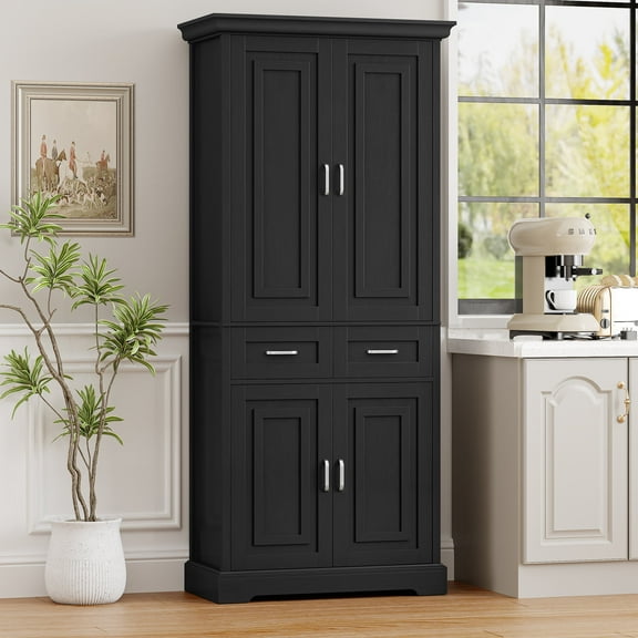 Homfa 70.9'' Tall Kitchen Pantry with 4 Doors, 2 Drawer Modern Freestanding Storage Cabinet for Dining Room Living Room, Black