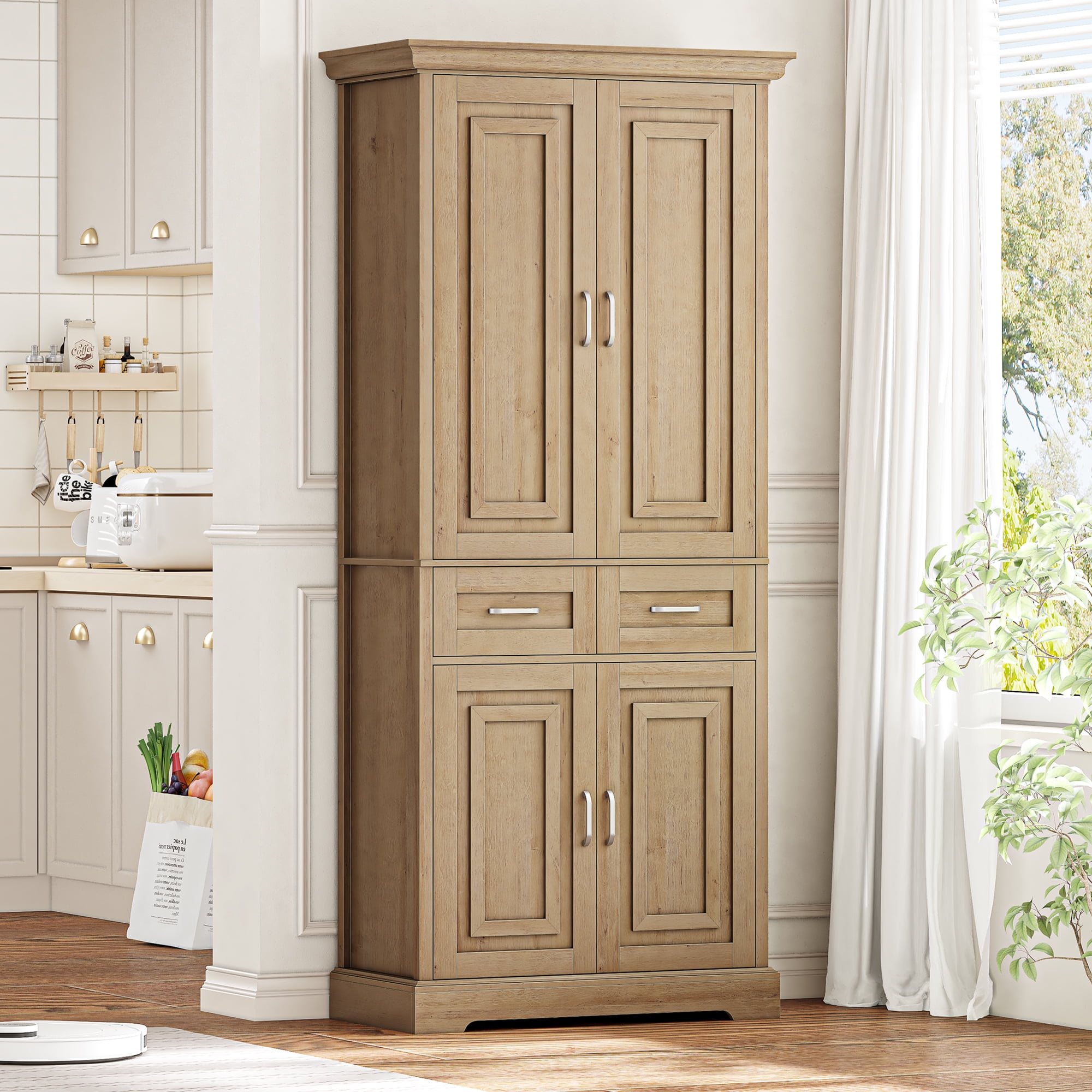 Homfa 70 9 Tall Kitchen Pantry with 4 Doors 2 Drawer Modern Freestanding Storage Cabinet for Dining Room Living Room White