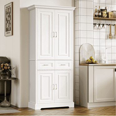 Homfa 70.9'' Tall Kitchen Pantry with 4 Doors, 2 Drawer Modern Freestanding Storage Cabinet for Dining Room Living Room, White