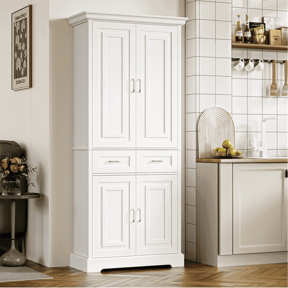 Homfa 70.9'' Tall Kitchen Pantry with 4 Doors, 2 Drawer Modern Freestanding Storage Cabinet for Dining Room Living Room, White