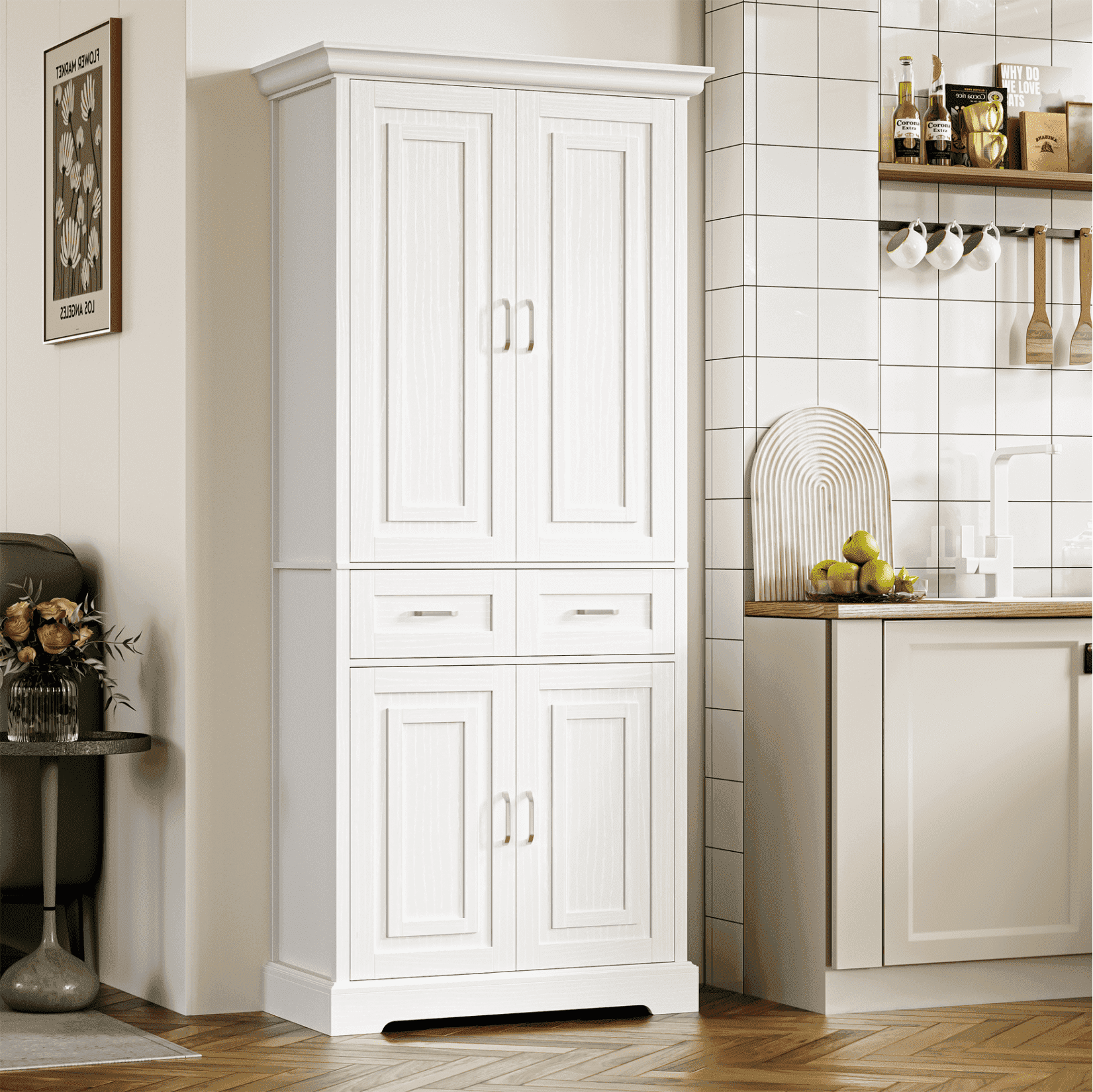 Walmart sales :  Free Shipping! Homfa 70.9'' Tall Kitchen Pantry with 4 Doors, 2 Drawer Modern Freestanding Storage Cabinet for Dining Room Living Room, White