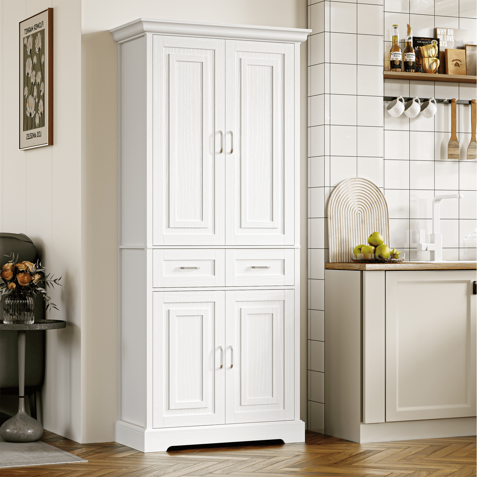 Homfa 70 Tall Kitchen Pantry with Shelf Drawer Farmhouse 2 Door Pantry Storage Cabinet for Dining Room Living Room Rustic Brown