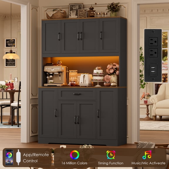 Homfa 70'' Tall Kitchen Pantry Cabinet with Charge Station & Led Light, 8 Door Hutch Storage Cabinet with Storage Drawer & Adjustable Shelves & Microwave Stand, Black