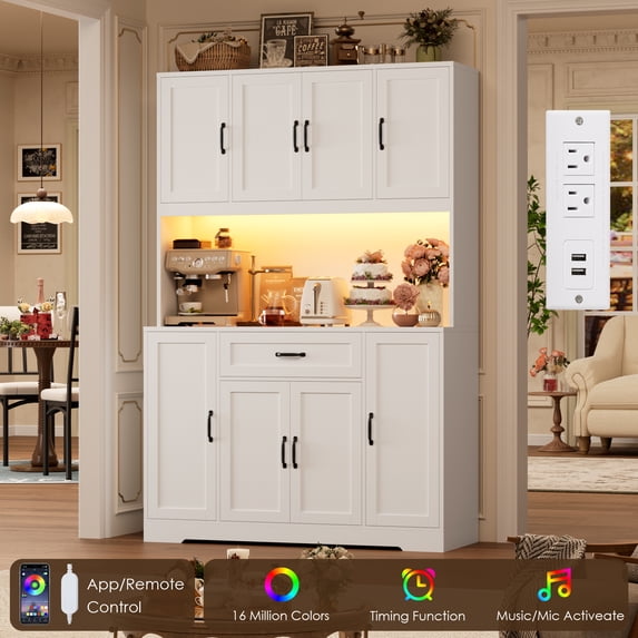 Homfa 70'' Tall Kitchen Pantry Cabinet with Charge Station & Led Light, 8 Door Hutch Storage Cabinet with Storage Drawer & Adjustable Shelves & Microwave Stand, White