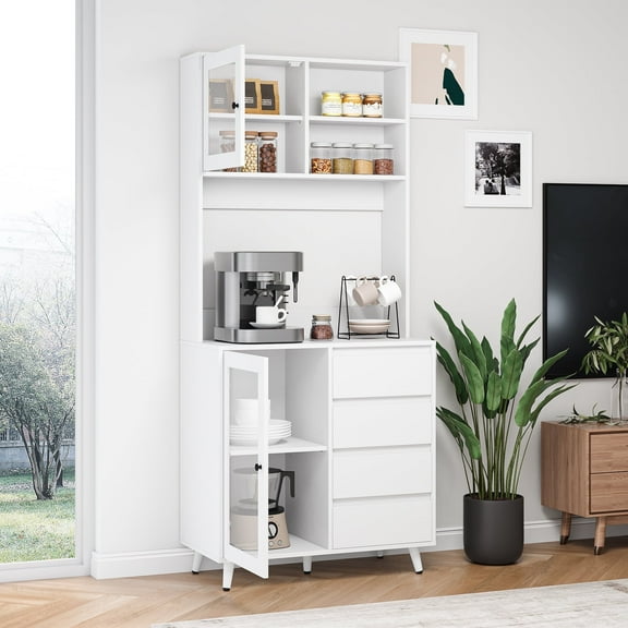Homfa 70''H Pantry Storage Cabinet, Kitchen Hutch Cabinet with Tempered Glass Doors & 2 Adjustable Shelves, White