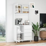 Homfa 70'' Tall Kitchen Pantry Cabinet with Tempered Glass Doors, Large Countertop Microwave Storage Cabinet with 2 Adjustable Shelves, White