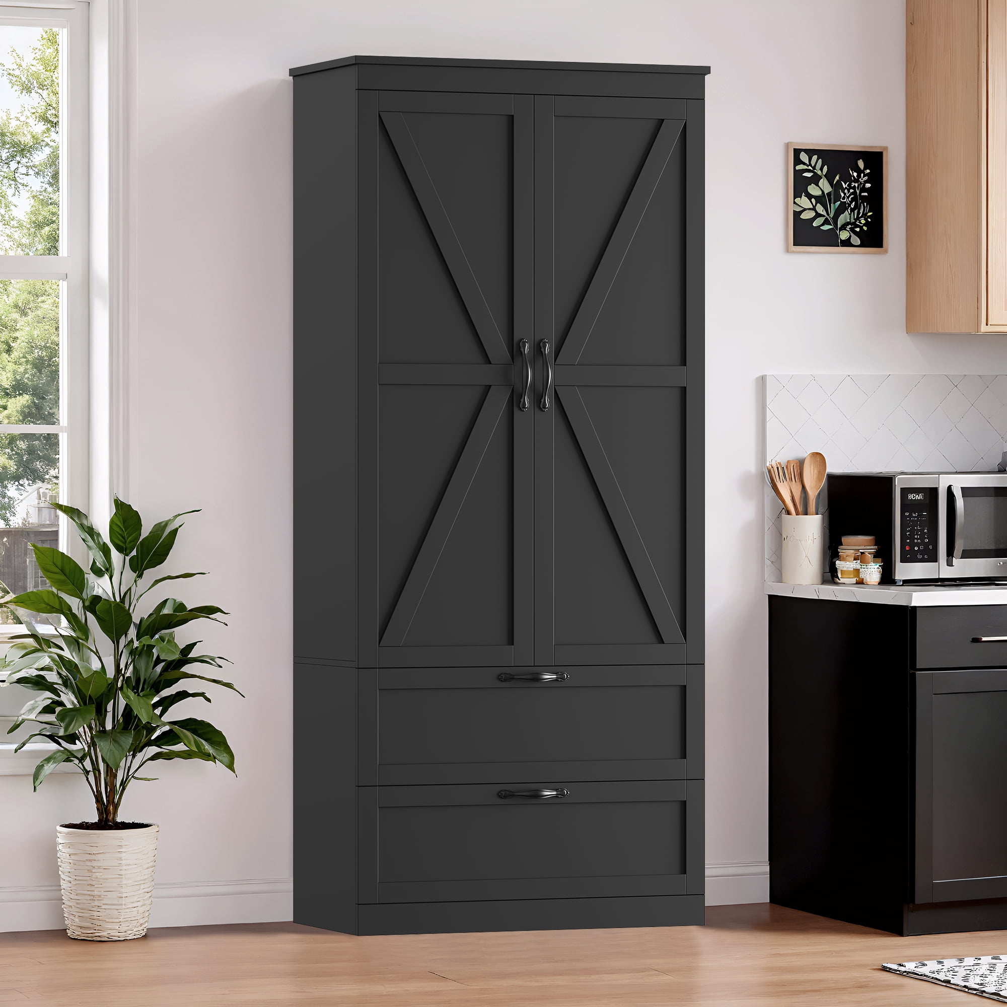 Homfa 70 Tall Kitchen Pantry with Shelf Drawer Farmhouse 2 Door Pantry Storage Cabinet for Dining Room Living Room Rustic Brown