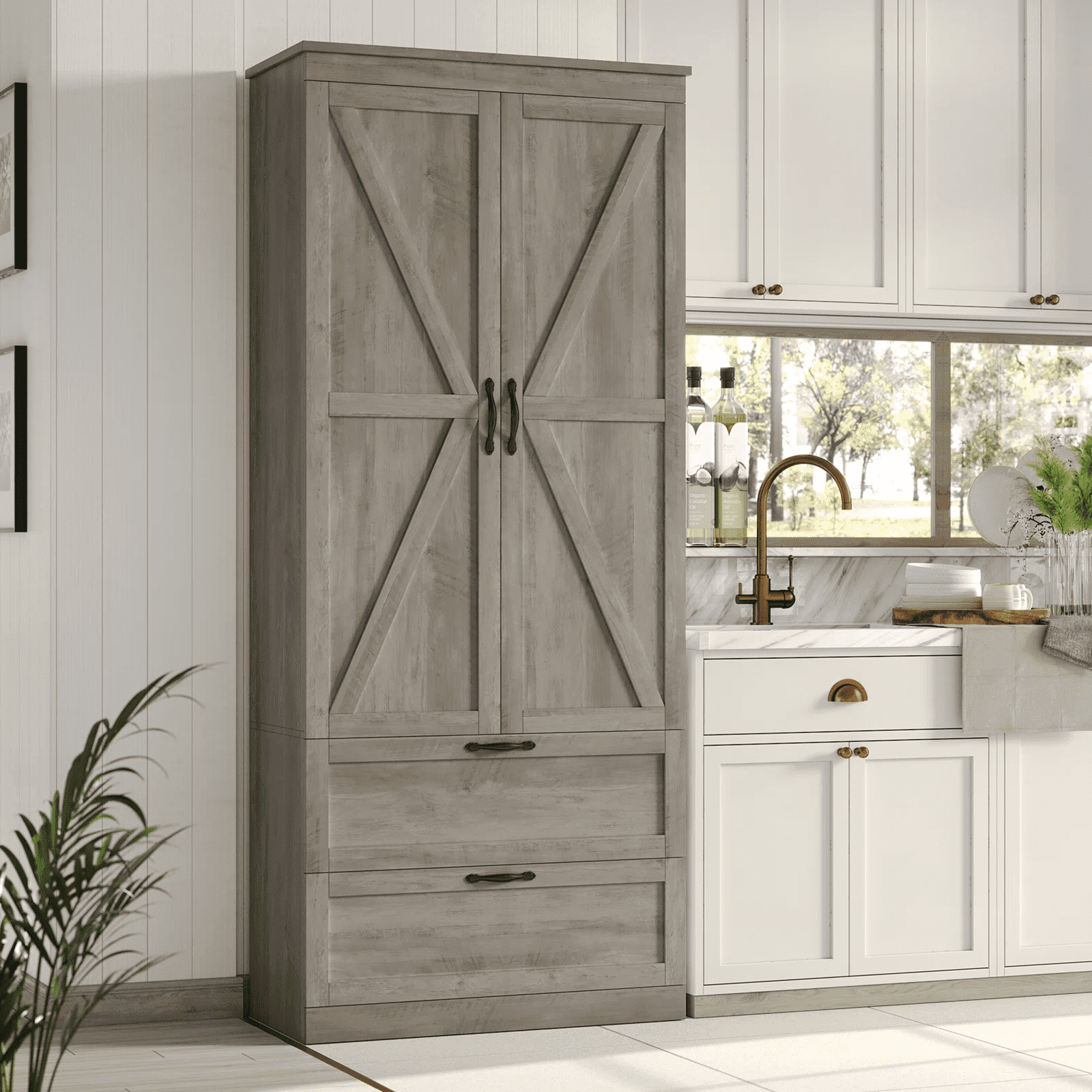Homfa 70 Tall Kitchen Pantry with Shelf Drawer Farmhouse 2 Door Pantry Storage Cabinet for Dining Room Living Room Rustic Brown