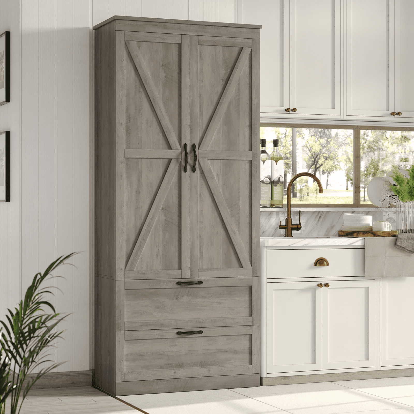Homfa 70'' Tall Kitchen Pantry with Shelf & Drawer, Farmhouse 2 Door Pantry Storage Cabinet for Dining Room Living Room, Wash Gray