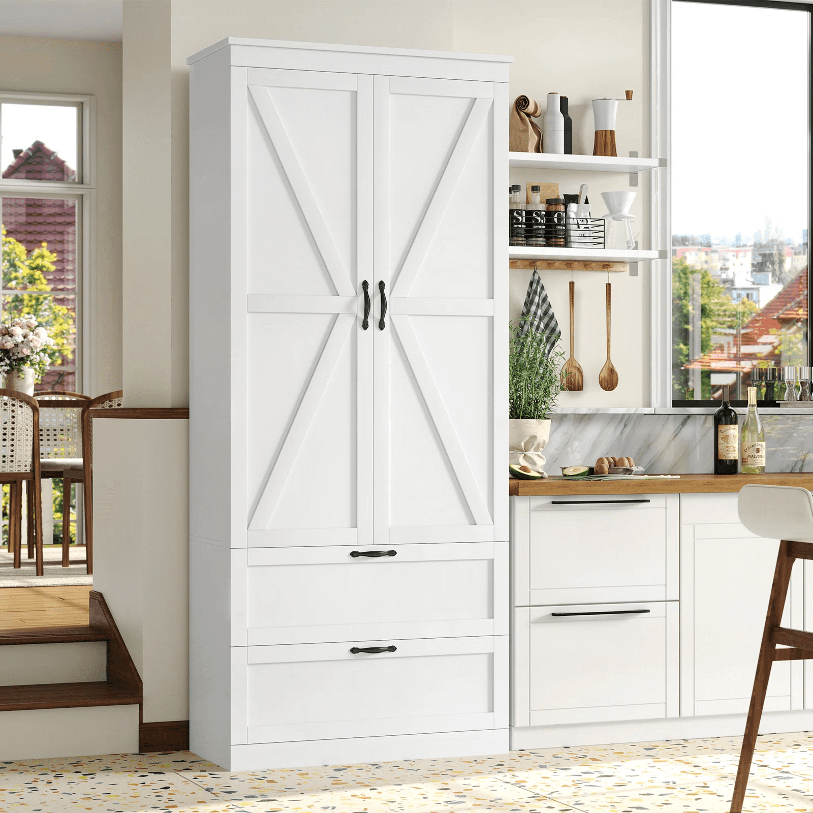 Homfa 70'' Tall Kitchen Pantry with Shelf & Drawer, Farmhouse 2 Door Pantry Storage Cabinet for Dining Room Living Room, White