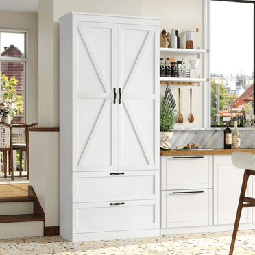 Homfa 70'' Tall Kitchen Pantry with Shelf & Drawer, Farmhouse 2 Door Pantry Storage Cabinet for Dining Room Living Room, White