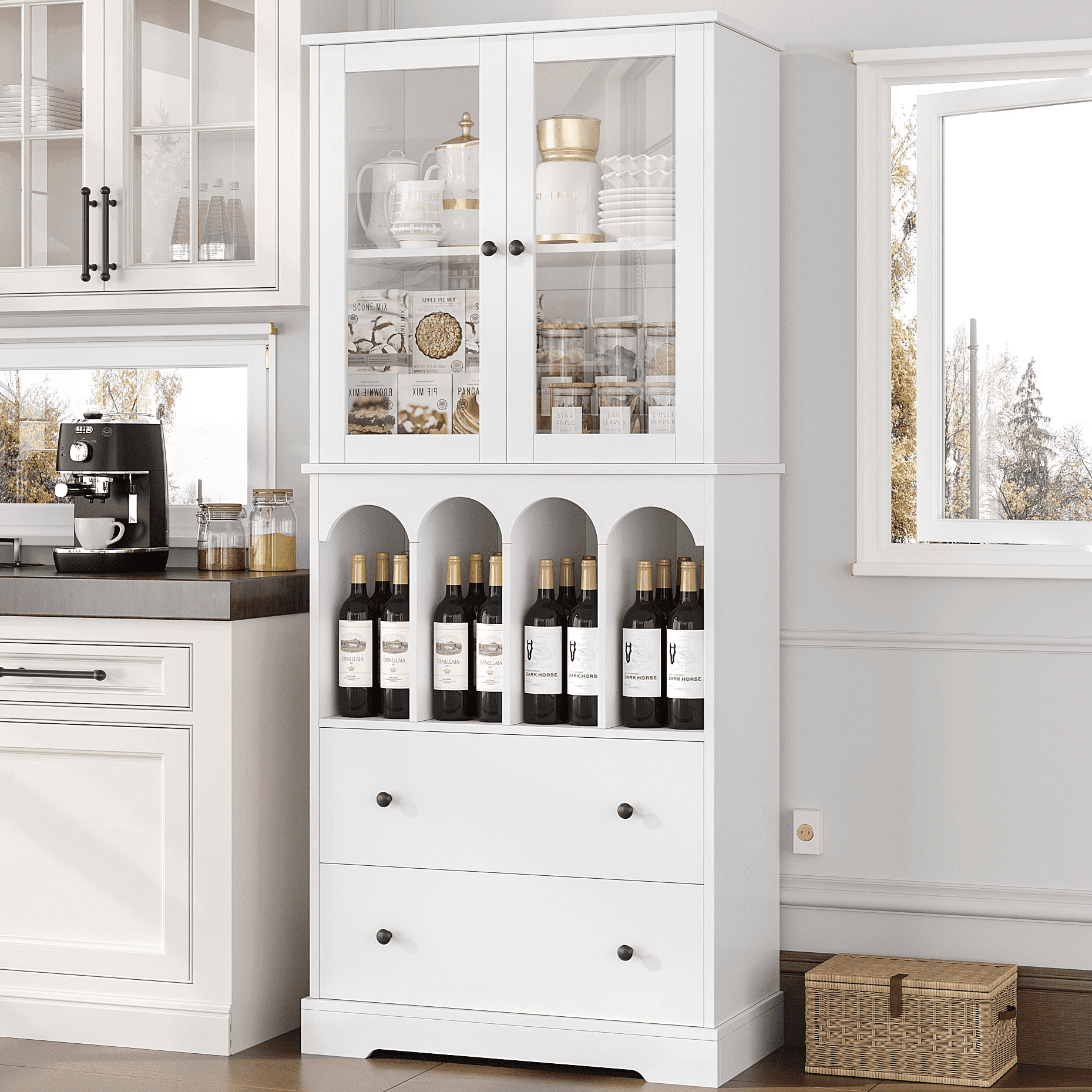Homfa 71.1'' Tall Kitchen Pantry, 2 Drawer Storage Cabinet with Glass Door, Cabinet with Arched Compartments for Living Room Office, White