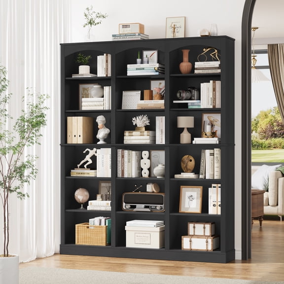 Homfa 18-Cube Bookcase and Bookshelves, 71.2" Triple Width 6 Tier Freestanding Arch Library Cabinet for Home Office Living Room, Black Bark Texture