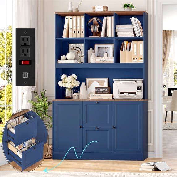 Homfa 71″ 6 Cubes Bookcases with 2 Storage Drawers and Charge Station, 3 Tier Bookshelf with Adjustable File Storage Cabinet for Living Room Home Office, Blue