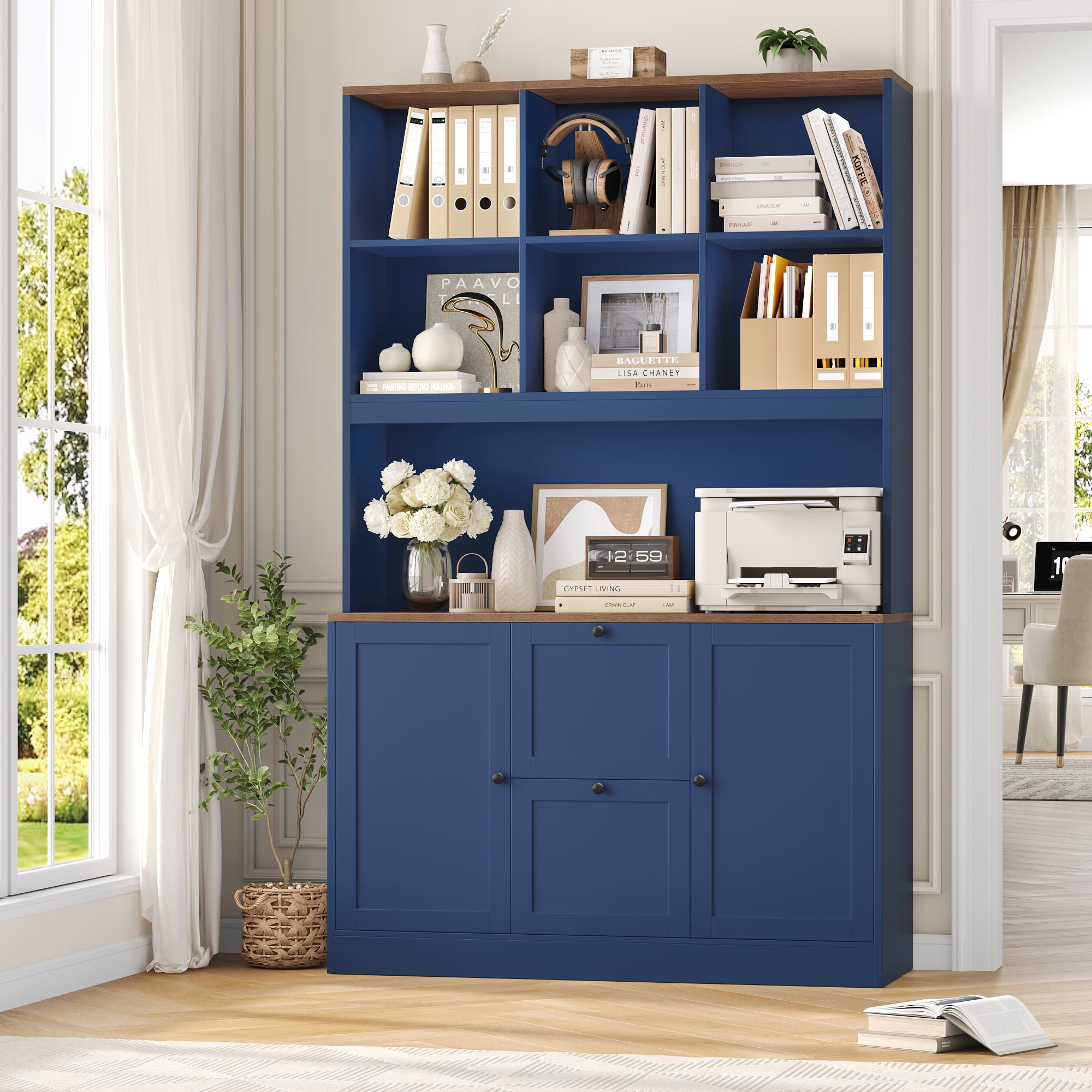Homfa 71″ 6 Cubes Bookcases with 2 Storage Drawers and Charge Station, 3 Tier Bookshelf with Adjustable File Storage Cabinet for Living Room Home Office, Blue