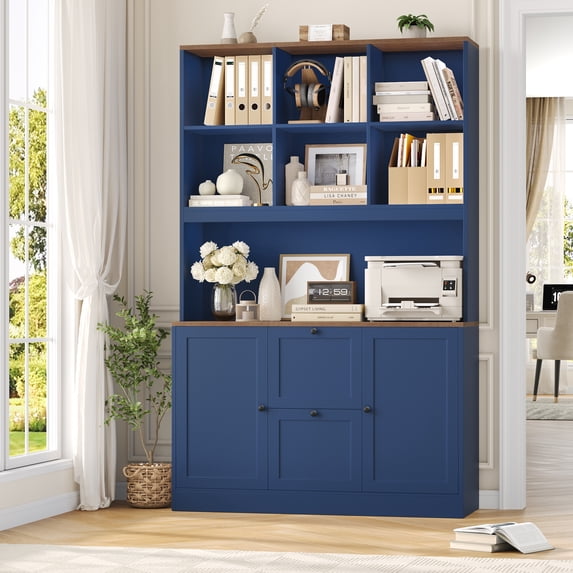 Homfa 71″ 6 Cubes Bookcases with 2 Storage Drawers and Charge Station, 3 Tier Bookshelf with Adjustable File Storage Cabinet for Living Room Home Office, Blue