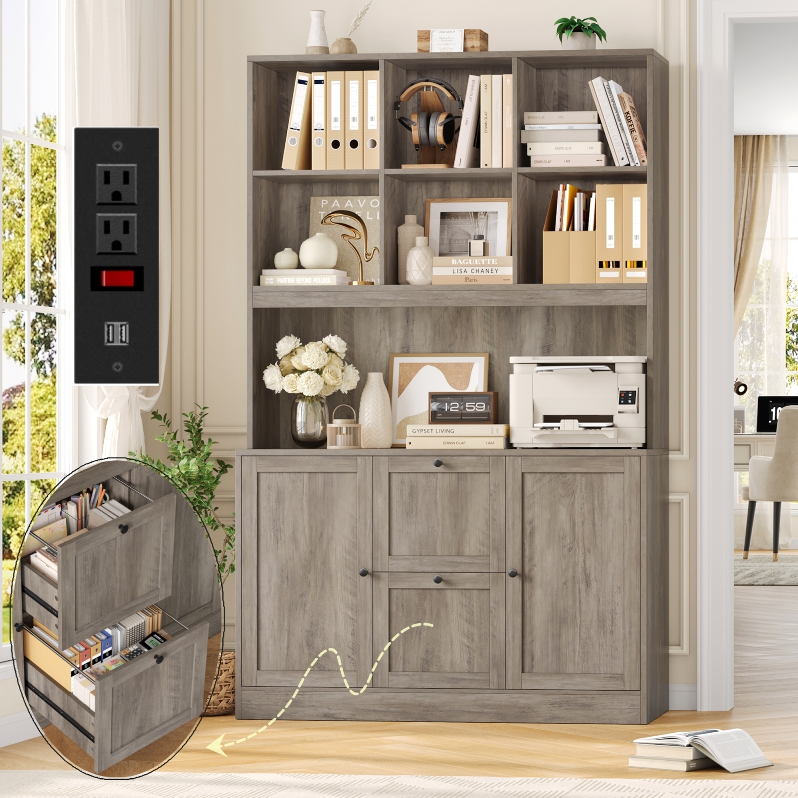 Homfa 71″ 6 Cubes Bookcases with 2 Storage Drawers and Charge Station, 3 Tier Bookshelf with Adjustable File Storage Cabinet for Living Room Home Office, Gray