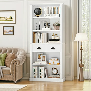Homfa 71.8” Tall Bookcase with 2 Drawer, 5 Tier Bookshelf with Adjustable Shelves for Living Room Study Home Office, White