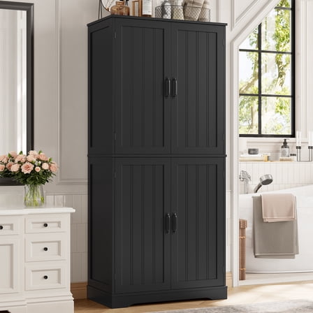 Homfa 71'' Bathroom Cabinet with 6 Storage Shelves, Freestanding Wooden Linen Cabinet for Living Room, Black