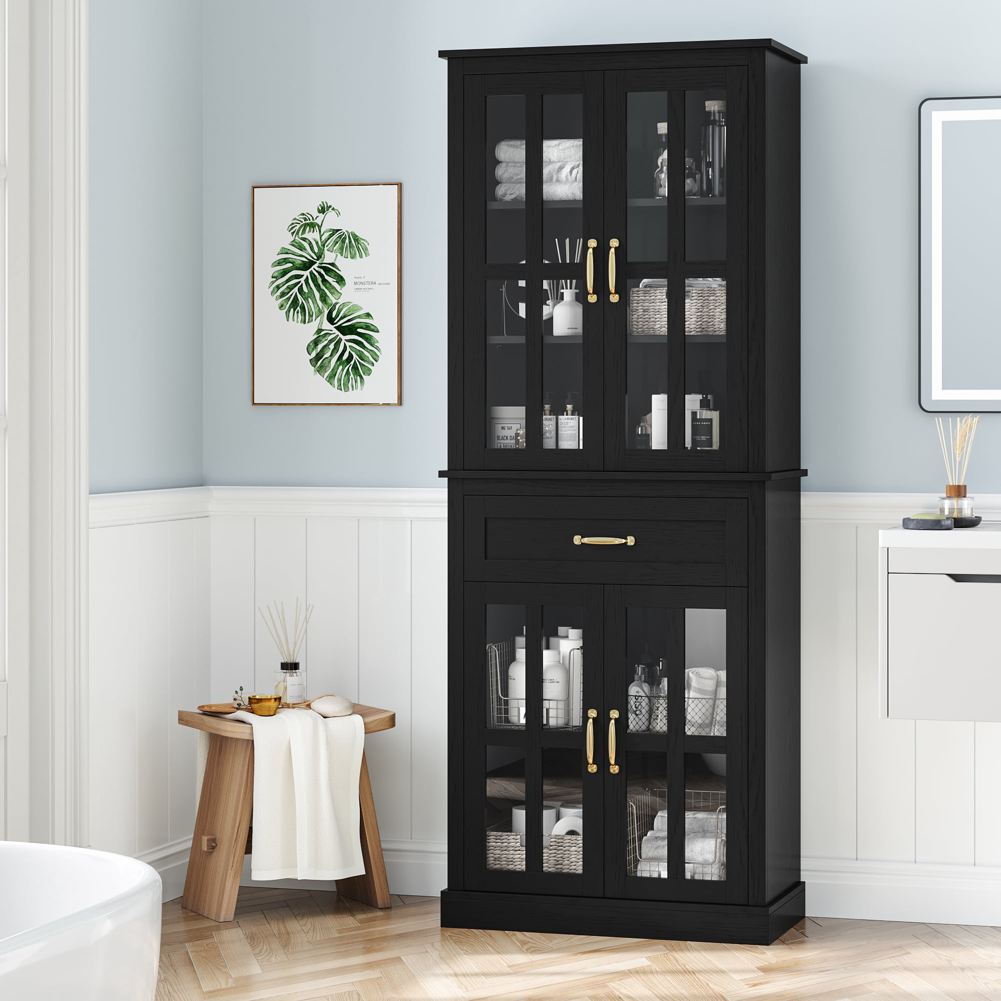 Homfa Modern Storage Cabinet with Glass Doors, 71'' Kitchen Pantry with Adjustable Shelves, Wood Bookcase, Black