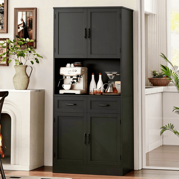 Homfa 71" Tall Kitchen Pantry Storage Cabinets with Microwave Stand, 2 Drawer Hutch Cabinet for Dining Room, Black
