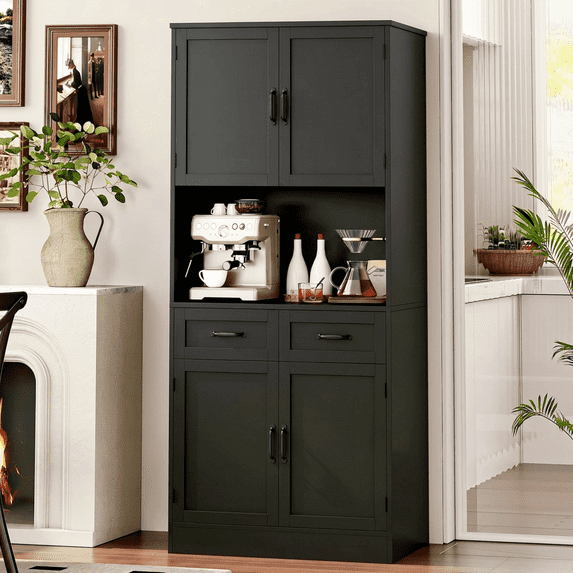 Homfa 71" Tall Kitchen Pantry Storage Cabinets with Microwave Stand, 2 Drawer Hutch Cabinet for Dining Room, Black
