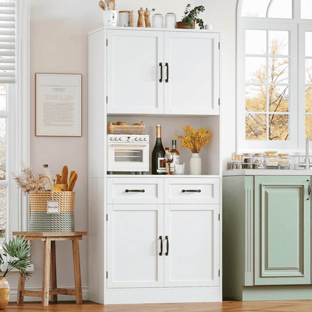Homfa 71" Farmhouse Kitchen Pantry Storage Cabinets with 2 Drawers and Adjustable Shelves, Wood Tall Hutch Storage Cabinet for Dining Room, White
