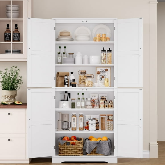 Homfa 71'' Freestanding Pantry Cabinet with 4 Doors, Modern White Storage Cabinet for Dining Room Living Room